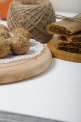 Dried fruit and oatmeal sweets. Homemade Nut & Dried Fruit Energy Bars. Wrapped in paper and tied with twine.