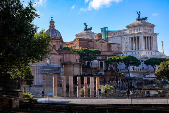 The Roman Ruins of Foro di Cesare, Fori Imperiali and Altare della Patria - Rome, Italy.