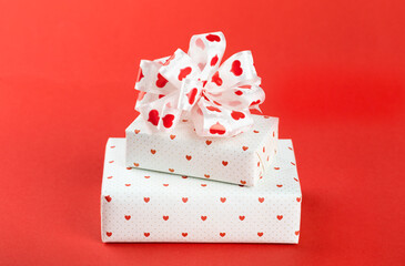 Gift Box with ribbon Red Background Valentines Day Present