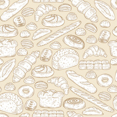 Hand drawn Bakery products and Sweet Pastries. Bread Seamless pattern. Vector illustration