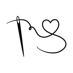 Heart with a needle thread. Vector illustration isolated on white.