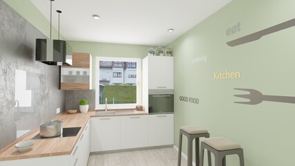 Küche 3D-Illustration Inneneinrichtung Rendering Wohnung