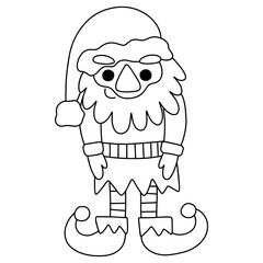 Funny cartoon Christmas gnome vector coloring page for kids and adults. Black outline winter fairy tale character isolated on white. Childhood character in Christmas costume printable coloring page
