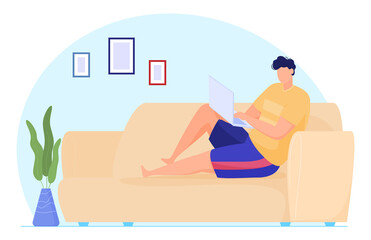 Obraz premium Work at home. People work at home in a comfortable environment. Free work schedule, informal atmosphere, houseplants. Vector illustration