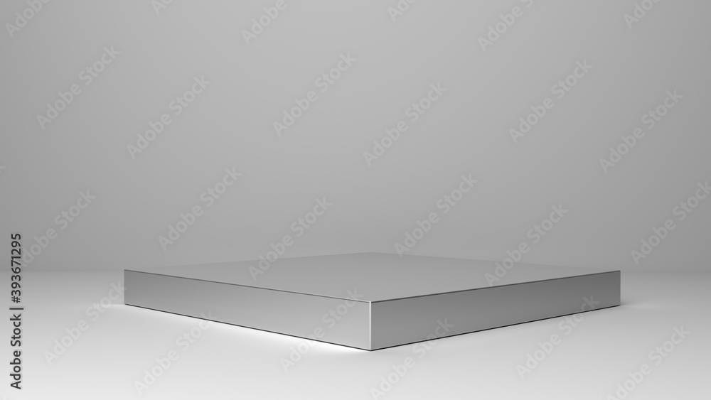 Poster metallic shiny pedestal on a gray background. table stand cube abstract minimal geometry concept