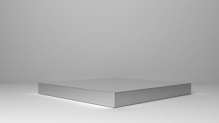 Metallic shiny pedestal on a gray background. Table stand cube Abstract minimal geometry concept
