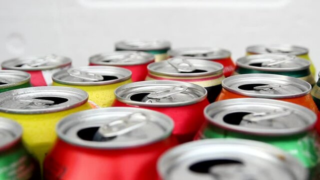 Aluminum beverage cans for recycling with white background. The view from above.