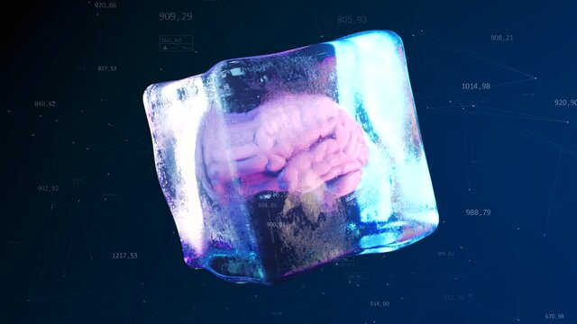 Frozen human brain inside a rotating ice cube in a technology cloud in space. Seamless loop 3d render.