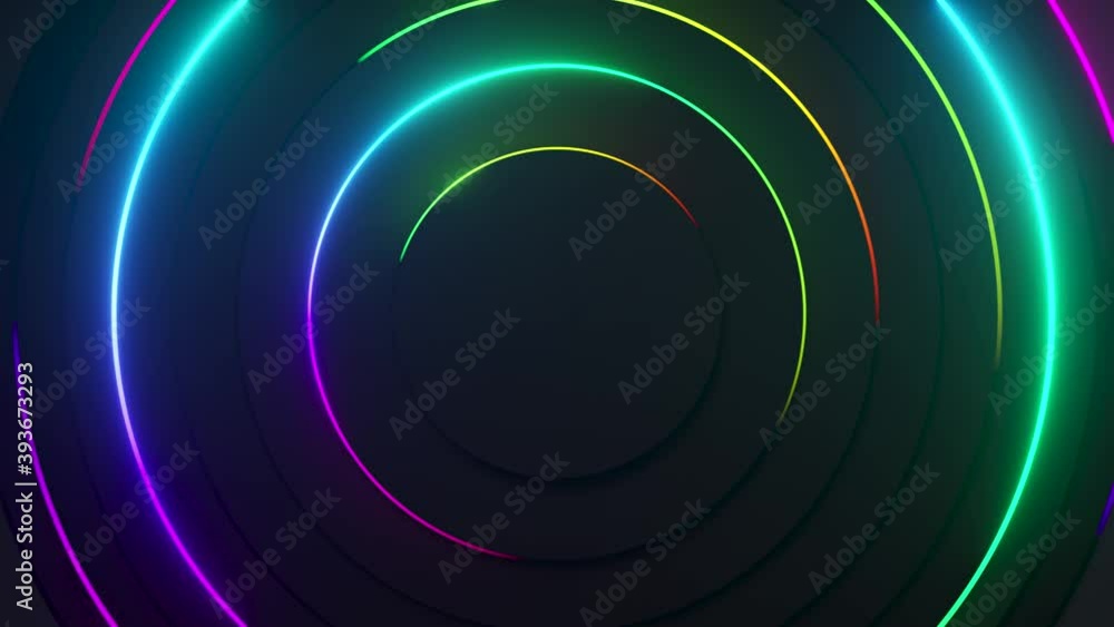 Poster radial abstract neon background. laser neon lines move in a circle along a circular dark geometry. c