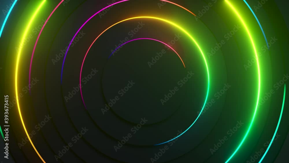 Poster radial abstract neon background. laser neon lines move in a circle along a circular dark geometry. c