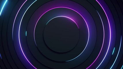 Radial abstract neon background. Laser neon lines move in a circle along a circular dark geometry. Conceptual technology background. Blue purple light spectrum. Seamless loop 3d animation - Powered by Adobe