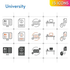 university icon set. included feedback, pdf, desktop, test, click icons on white background. linear, bicolor, filled styles.