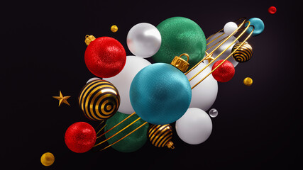 Happy New Year Background With Christmas Decorations 3D rendering.
