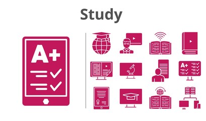 study set. included tablet, ereader, study, teacher, ebook, test, school, book, learning, student-desktop, microscope icons. filled styles.