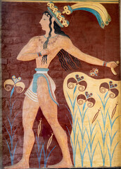 Magnificent frescos among the ruins of the Knossos Palace complex. The famous Minoan (Bronze Age)...