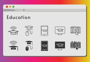 education icon set. included cap, elearning, book, student-tablet, student-desktop icons on white background. linear, filled styles.