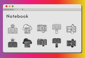 notebook icon set. included cloud, ebook, test, book, learning icons on white background. linear, filled styles.
