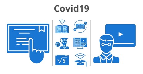 covid19 set. included feedback, ebook, cap, teacher, student, maths, book, touchscreen icons. filled styles.