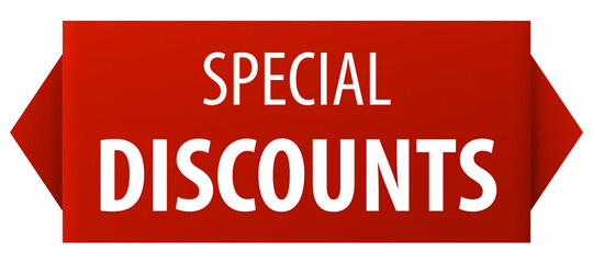Special Discounts red wide ribbon banner icon isolated on white background.
