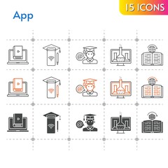 app icon set. included chemistry, smartphone, learn, student, learning icons on white background. linear, bicolor, filled styles.