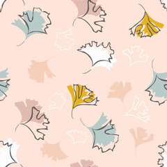 Autumn leaves background. Vector seamless pattern with leaf silhouettes. Elegant abstract ornament texture in pastel colors, yellow, blue, white, beige. Repeated design for decor, wallpapers, textile