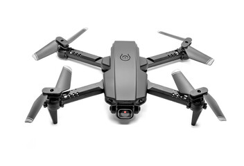 Closeup of black modern quadrocopter with camera isolated on white background. Flying drone. Technonolgy of unmanned flying.