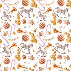 Festive seamless pattern. Hand drawn wallpaper design: rocking horse, flags garland, balls, candy, pipes, air balloons.Party repeating background.