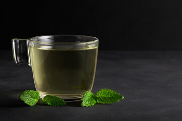 Glass cup of melissa herbal tea with fresh melissa leaf, organic aromatherapy relaxation hot drink...