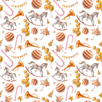 Festive seamless pattern. Hand drawn wallpaper design: rocking horse, flags garland, balls, candy, pipes, air balloons.Party repeating background.