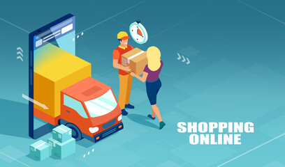 Online shopping. Vector of a delivery man carrying a box to a internet shopper