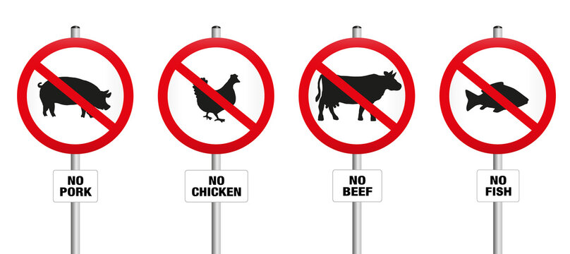 No pork, chicken, beef and fish. Prohibitory signs with crossed out pig, hen, cow and carp, symbolic against meat production and for vegetarian or vegan diet and lifestyle. Vector on white.
