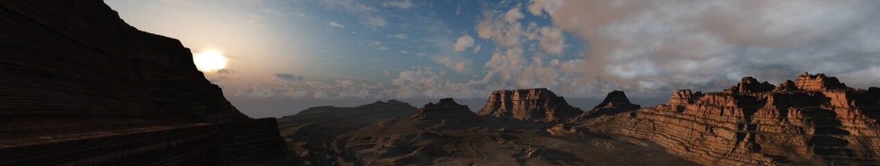 Canyon at sunrise, rocky desert like arizona, canyon at sunset, banner, 3d rendering