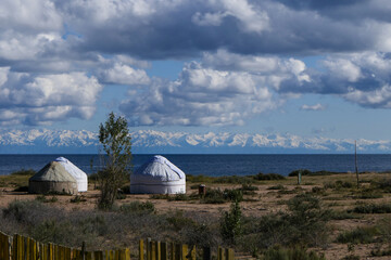 Yurts next to the Issyk-Kul lake in Kytgyzstan