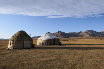 Yurts at the Song Kol Lake in Kyrgyzstan