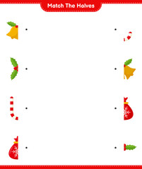 Match the halves. Match halves of Christmas Decoration. Educational children game, printable worksheet, vector illustration