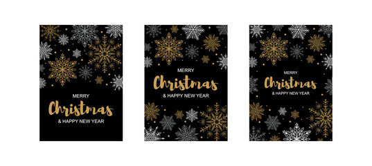 Set of vertical Merry Christmas and New Year greeting cards with beautiful golden snowflakes on black background. Frame with space for text