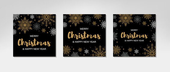 Set of Merry Christmas and New Year greeting cards with beautiful golden snowflakes on black background. Frame with space for text