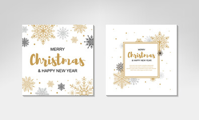 Two side Merry Christmas and New Year greeting card with beautiful Christmas tree and golden snowflakes on white background. Frame with space for text