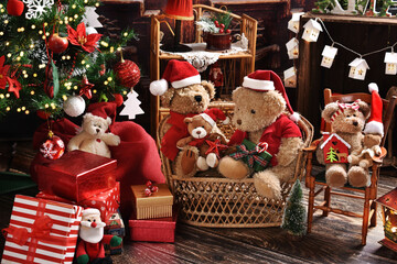 teddy bear family at home at Christmas time