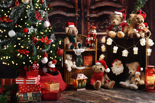 Christmas home decoration with teddy bears and decors in vintage style