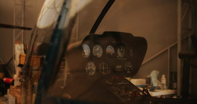 Helicopter in hangar, ready to take off