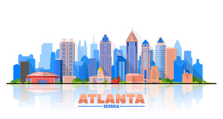 Atlanta (Georgia ) city skyline white background. Flat vector illustration. Business travel and tourism concept with modern buildings. Image for banner or web site. - obrazy, fototapety, plakaty
