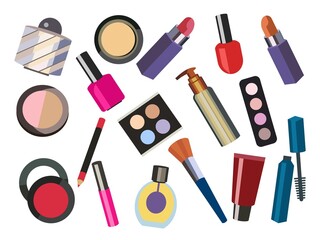 Obraz premium Set of vector cosmetics. Eye shadow, lip gloss, powder, blush, lipstick, brush, eyeliner, nail Polish, perfume, cream, bottle. Hand drawing illustration. Makeup icons. Beauty makeup artist