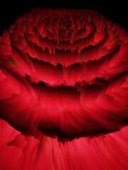 bright red dahlia bloom on black background as floral fantasy into intricate 3D shapes patterns and designs as melting wax effect