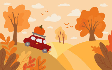 Flat Autumn landscape. Vector countryside illustratiom with woods, herbs, road and red cute car with pumpkin. Thanksgiving holiday card