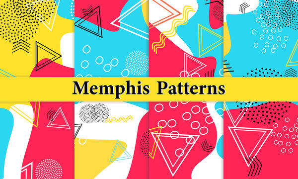 Set of Memphis Pattern. Fun Background. Red, Blue, Yellow Colors. Memphis Style Patterns. © KrikHill