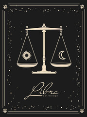 Vector illustration; astrological card with zodiac sign Libra on dark gray, black background. Libra in the starry sky. Gold sign on a dark background.