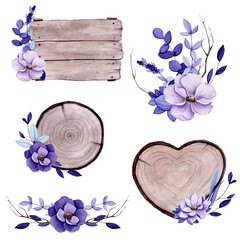 Watercolor Collection of Floral Compositions with Wood