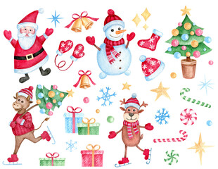 Christmas and New Year design elements. Set of cute cartoon 
Santa Claus, Snowman, Deer, Bull, Christmas tree and other elements. Hand drawn watercolor illustration.
