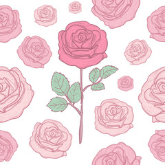 Rose Flowers Hand Drawing Line Art Seamless Patterns Vector